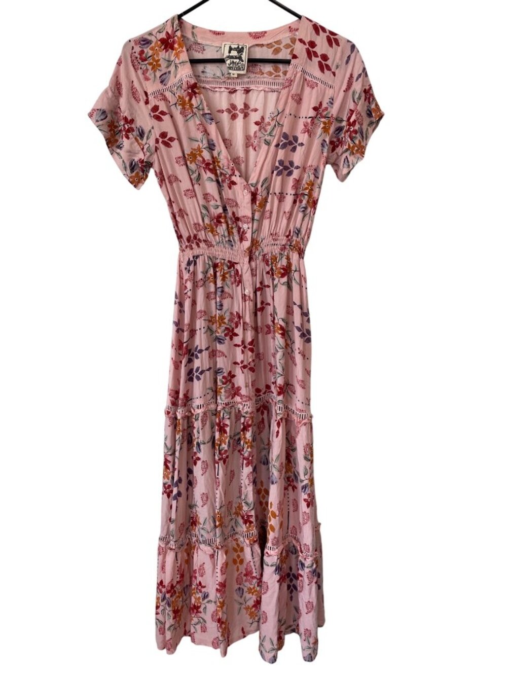 Jaase Floral Maxi Dress Medium Button Front V-Neck Short Sleeve Pink Boho Chic